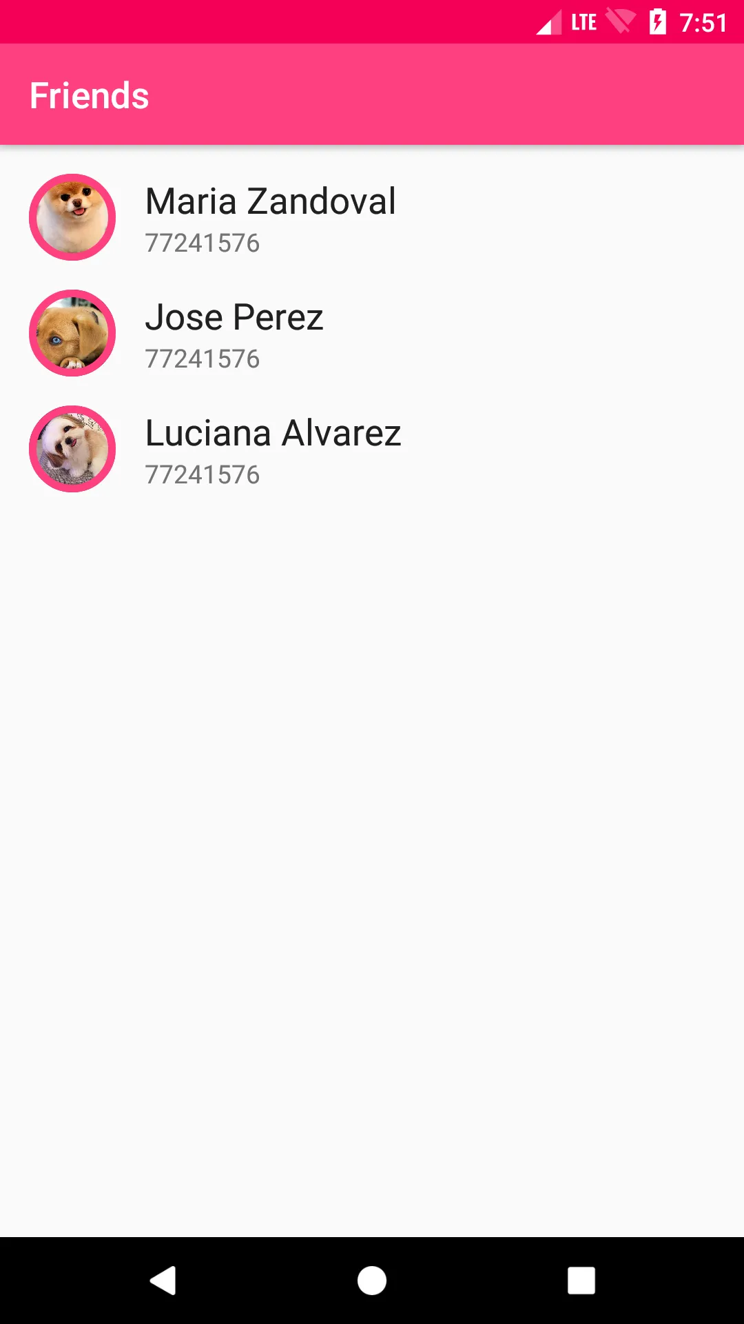 App Friends con lista de contactos y fotos circulares