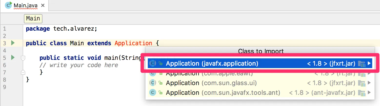 IntelliJ IDEA sugiriendo importar javafx.application.Application