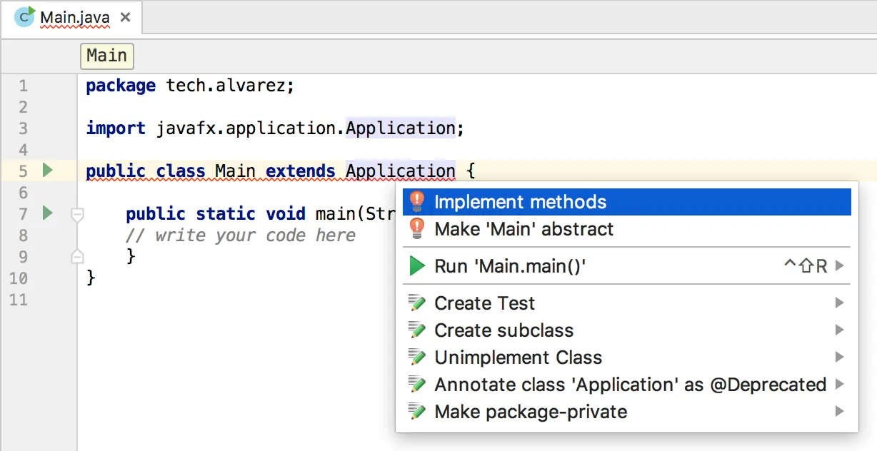 Opción Implement methods en el menú de IntelliJ IDEA