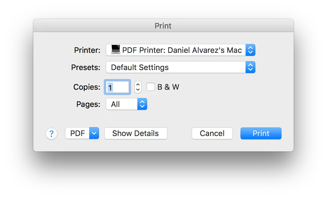 Diálogo de impresión de macOS