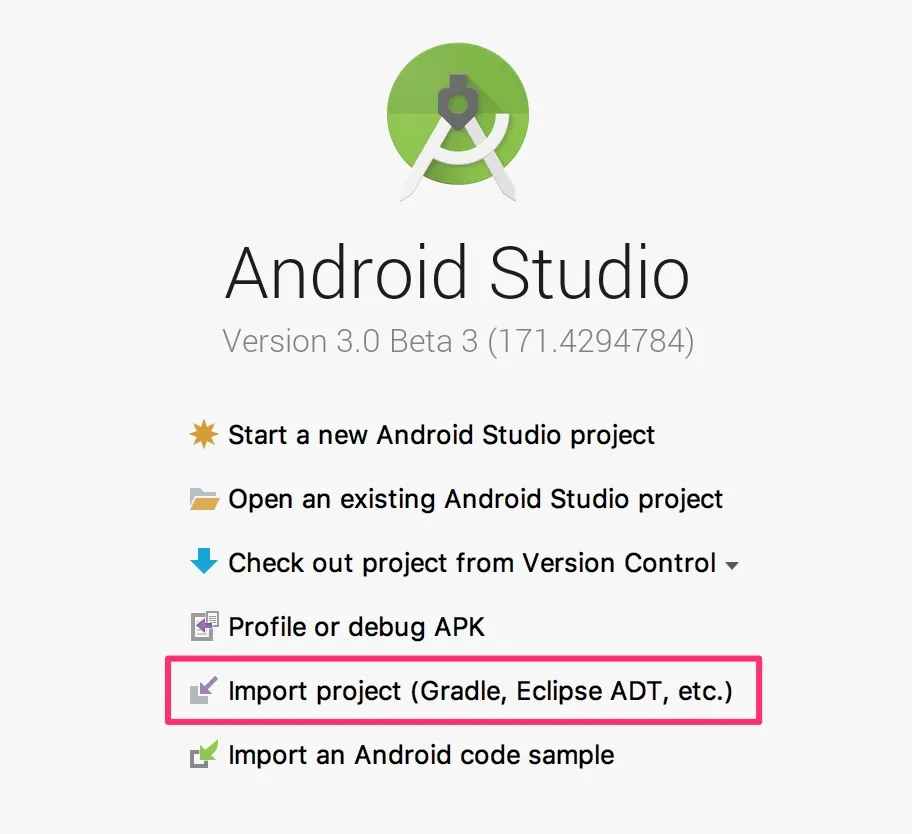 Bienvenida de Android Studio con la opción Import project resaltada