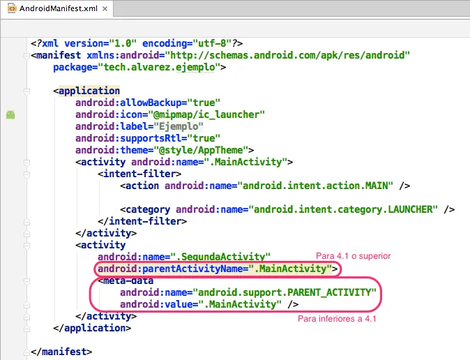 AndroidManifest.xml con parentActivityName y meta-data en la activity hija