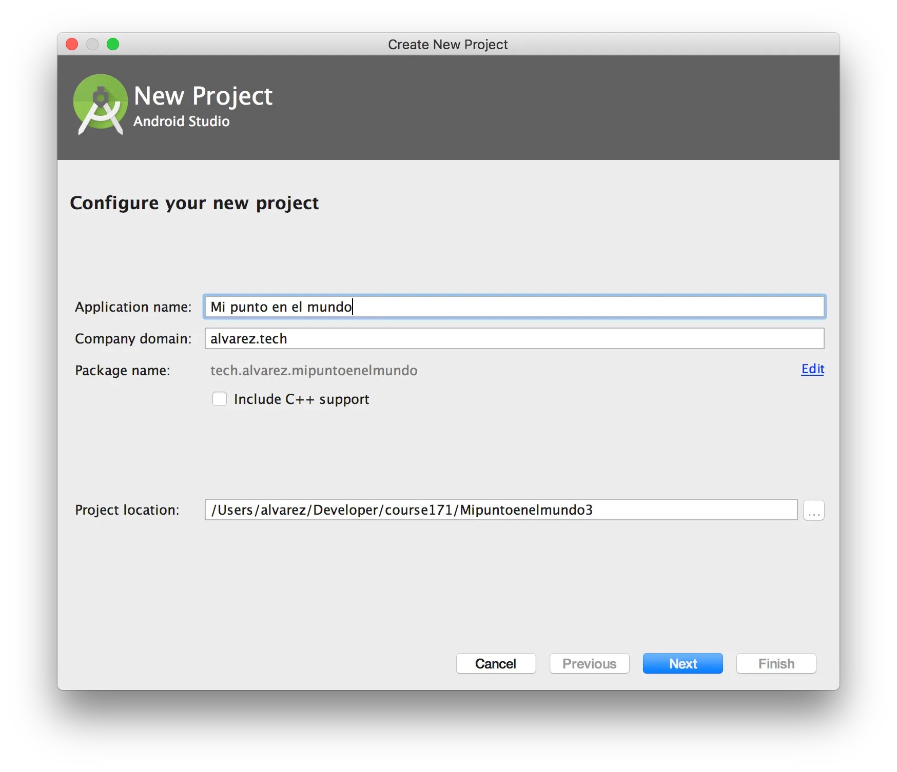 Asistente de Android Studio con el nombre Mi punto en el mundo