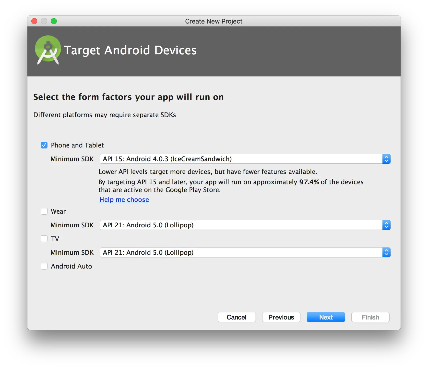 Selección del SDK mínimo API 15 para teléfono y tablet