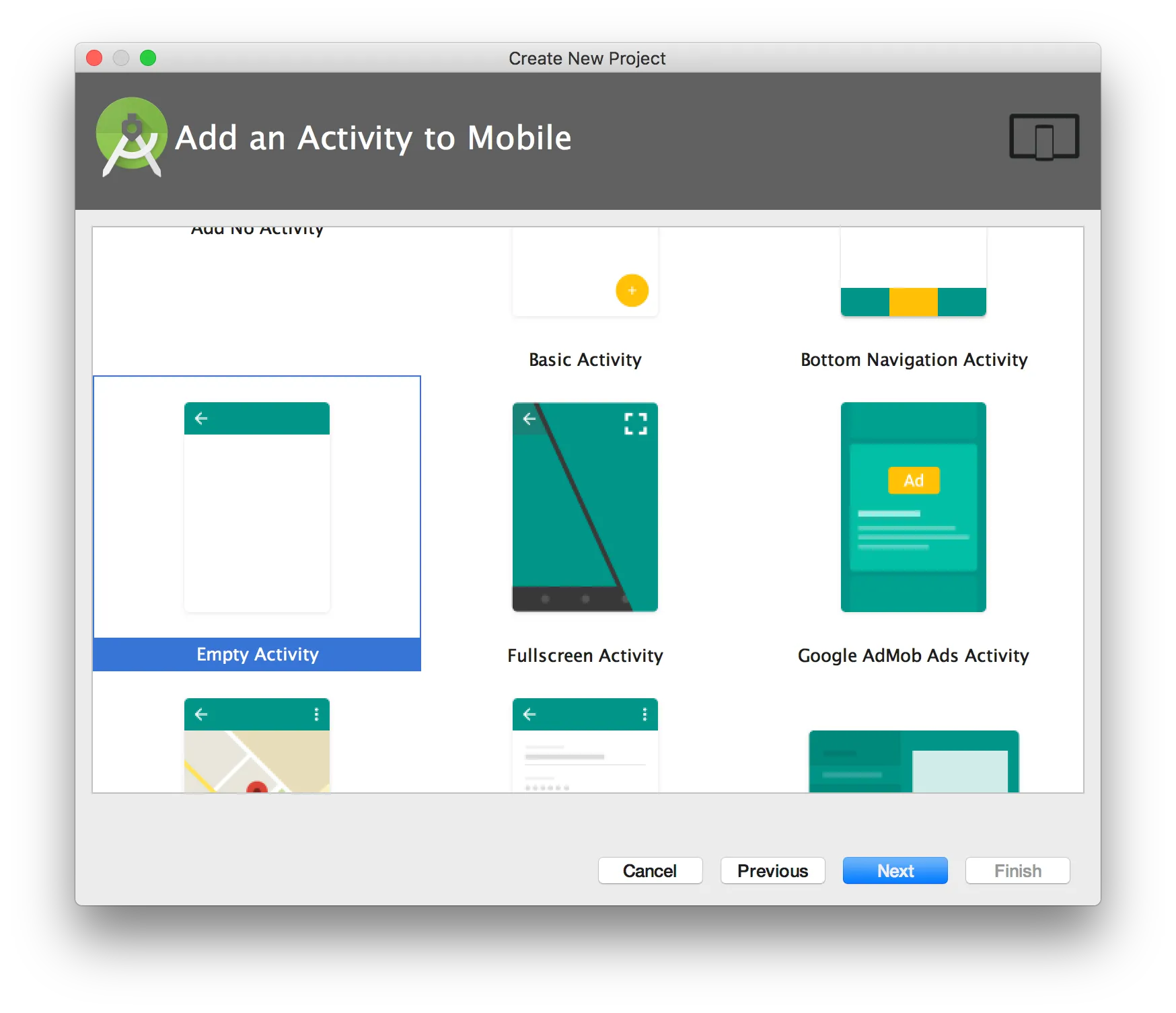 Selección de la plantilla Empty Activity en Android Studio