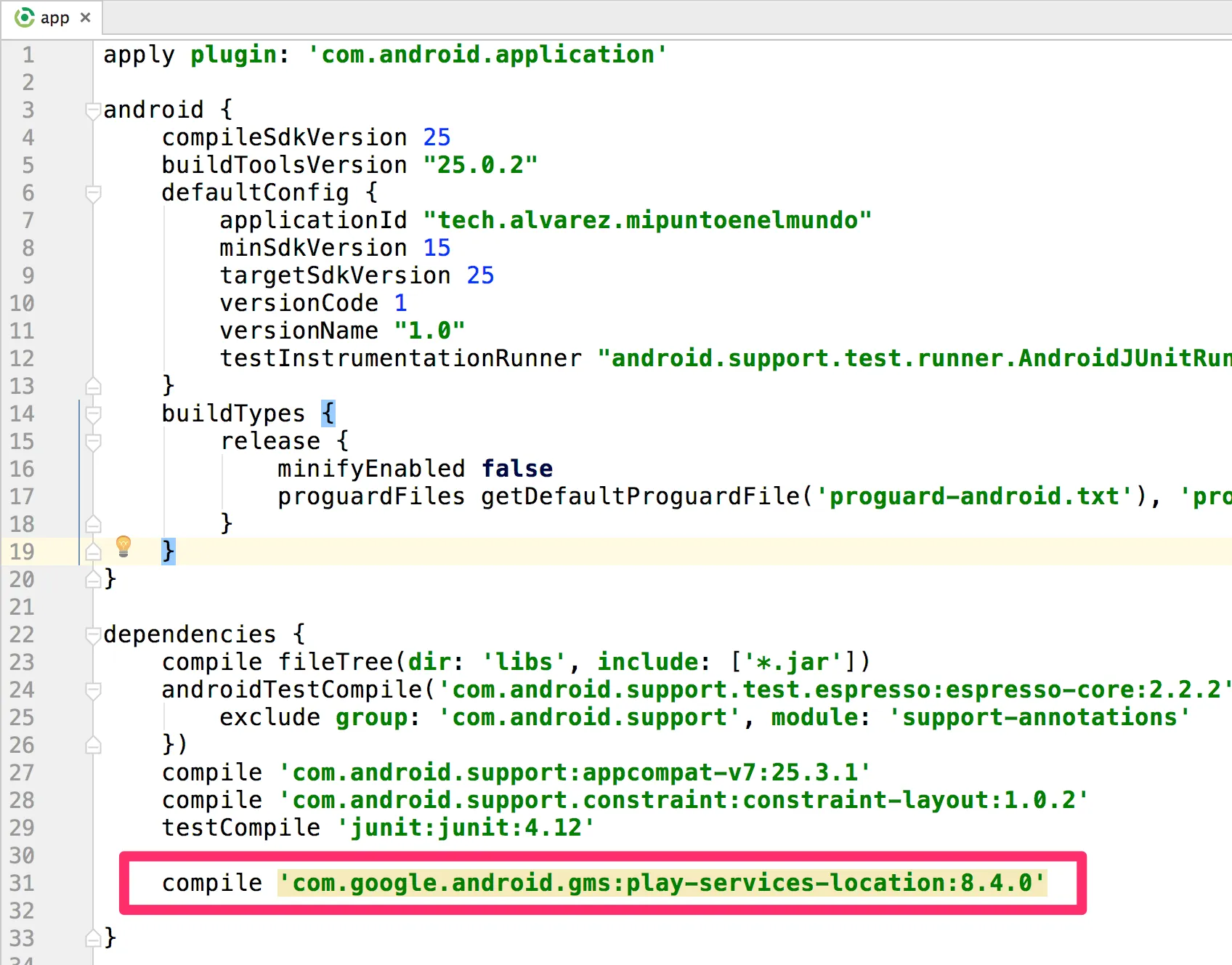 build.gradle con la dependencia play-services-location resaltada