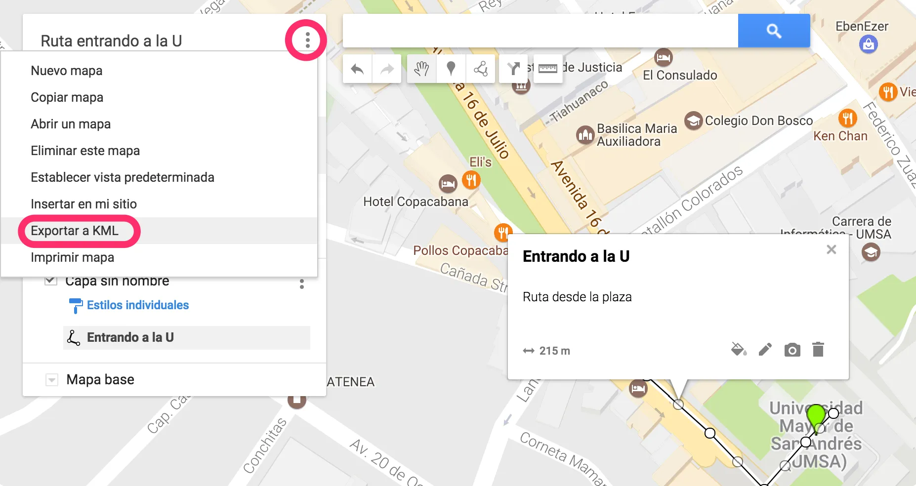Opción Exportar a KML en el menú del mapa