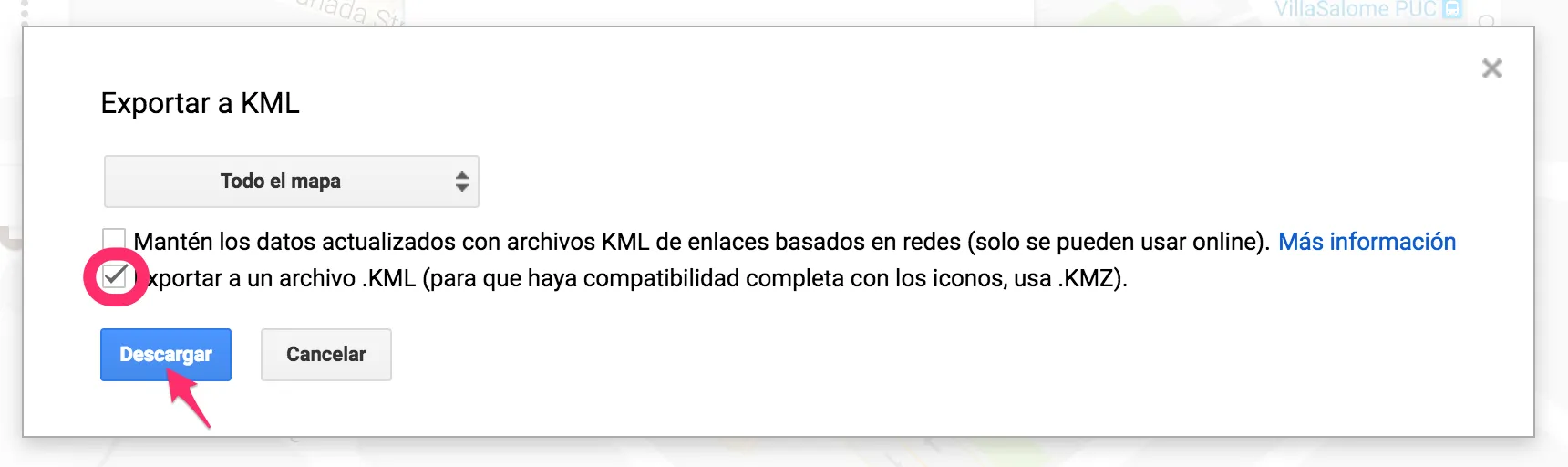 Casilla para exportar a un archivo KML
