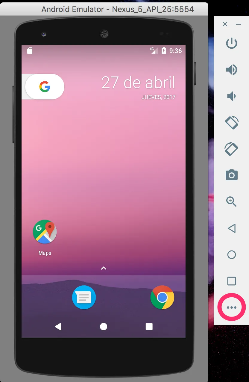 Botón de más opciones en el emulador de Android