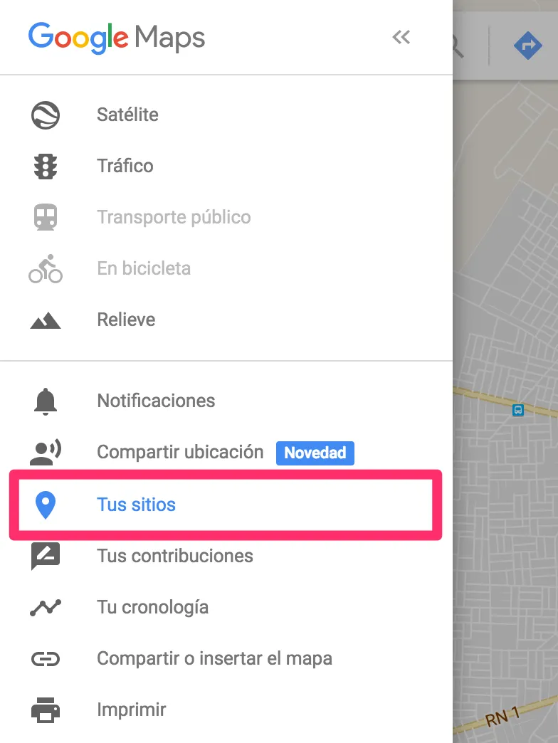 Opción Tus sitios en el menú de Google Maps