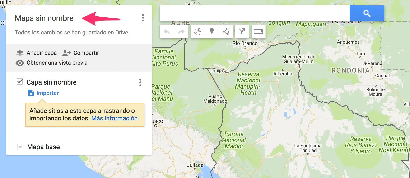 Nombre de un mapa nuevo sin título en Google My Maps