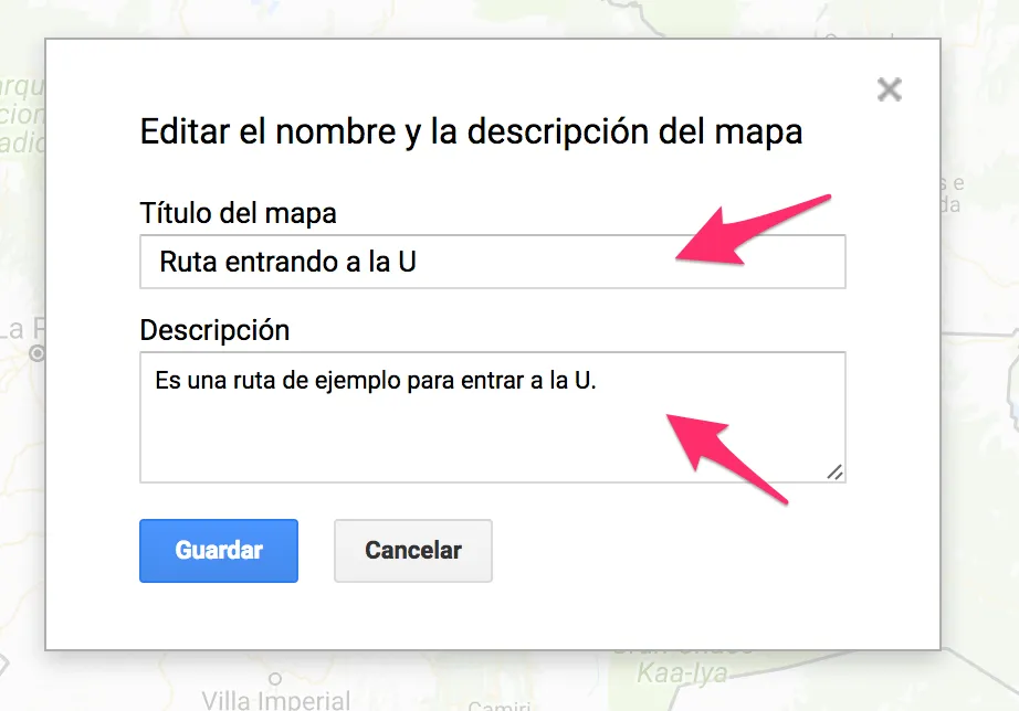 Diálogo para editar el título y la descripción del mapa