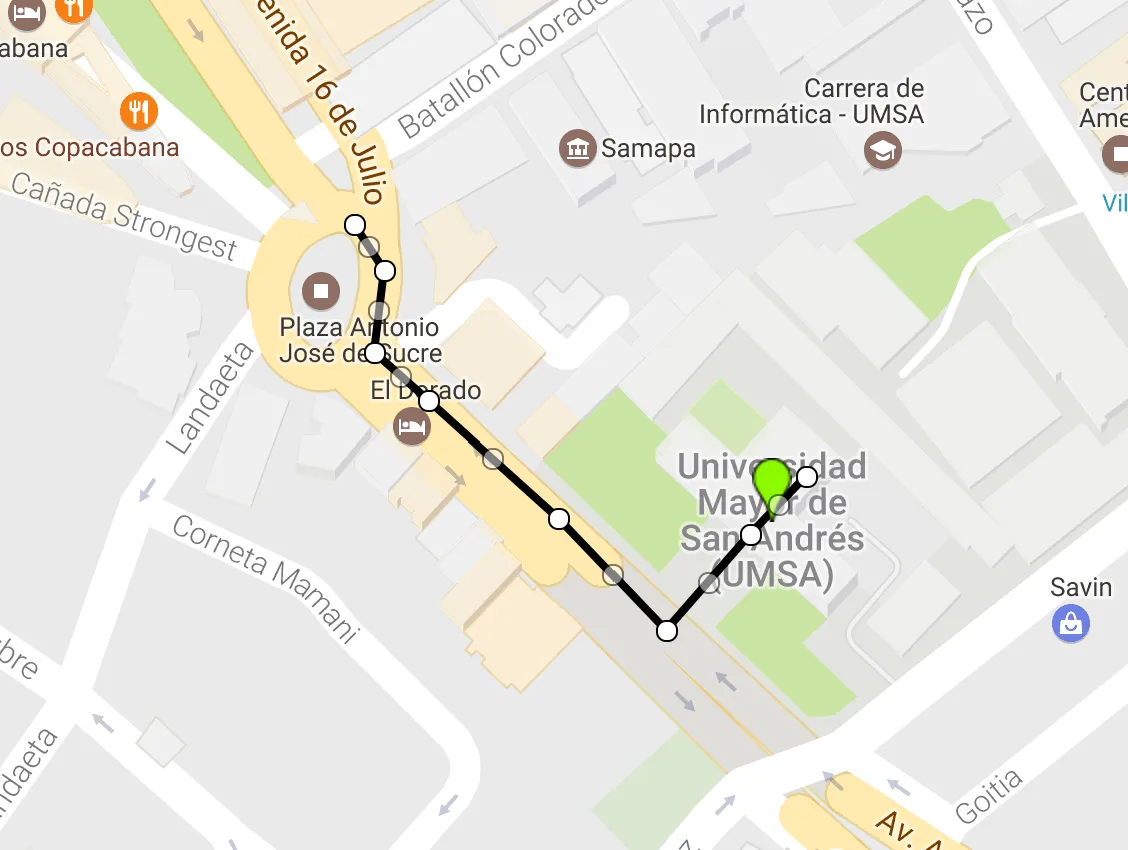 Ruta dibujada con puntos sobre el mapa
