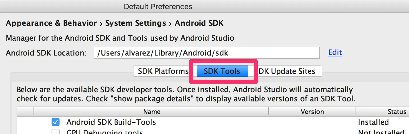 Pestaña SDK Tools del SDK Manager