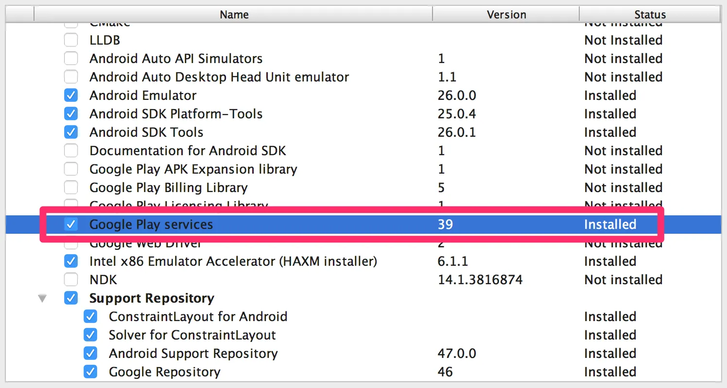 Google Play services instalado en SDK Tools