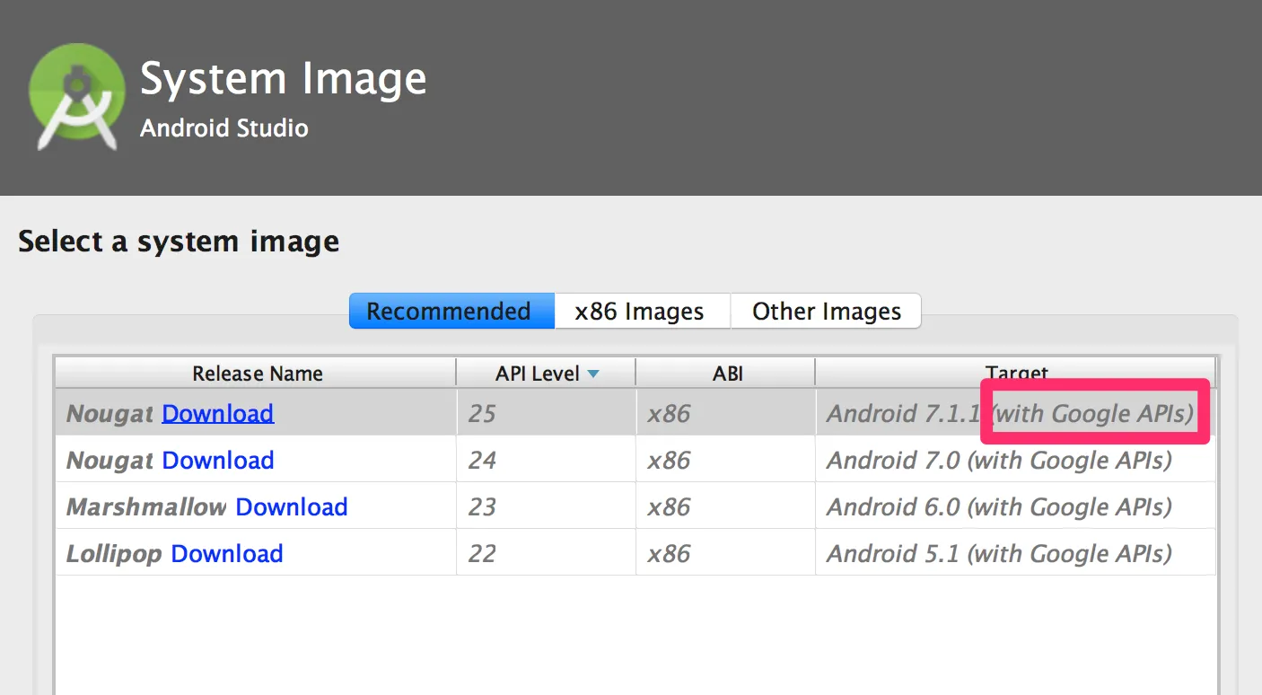 Imágenes de sistema del emulador con Google APIs