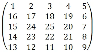 Matriz caracol de 5x5 con números del 1 al 25