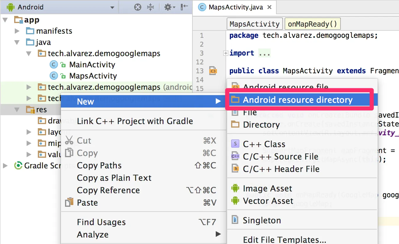 Opción Android resource directory en el menú New