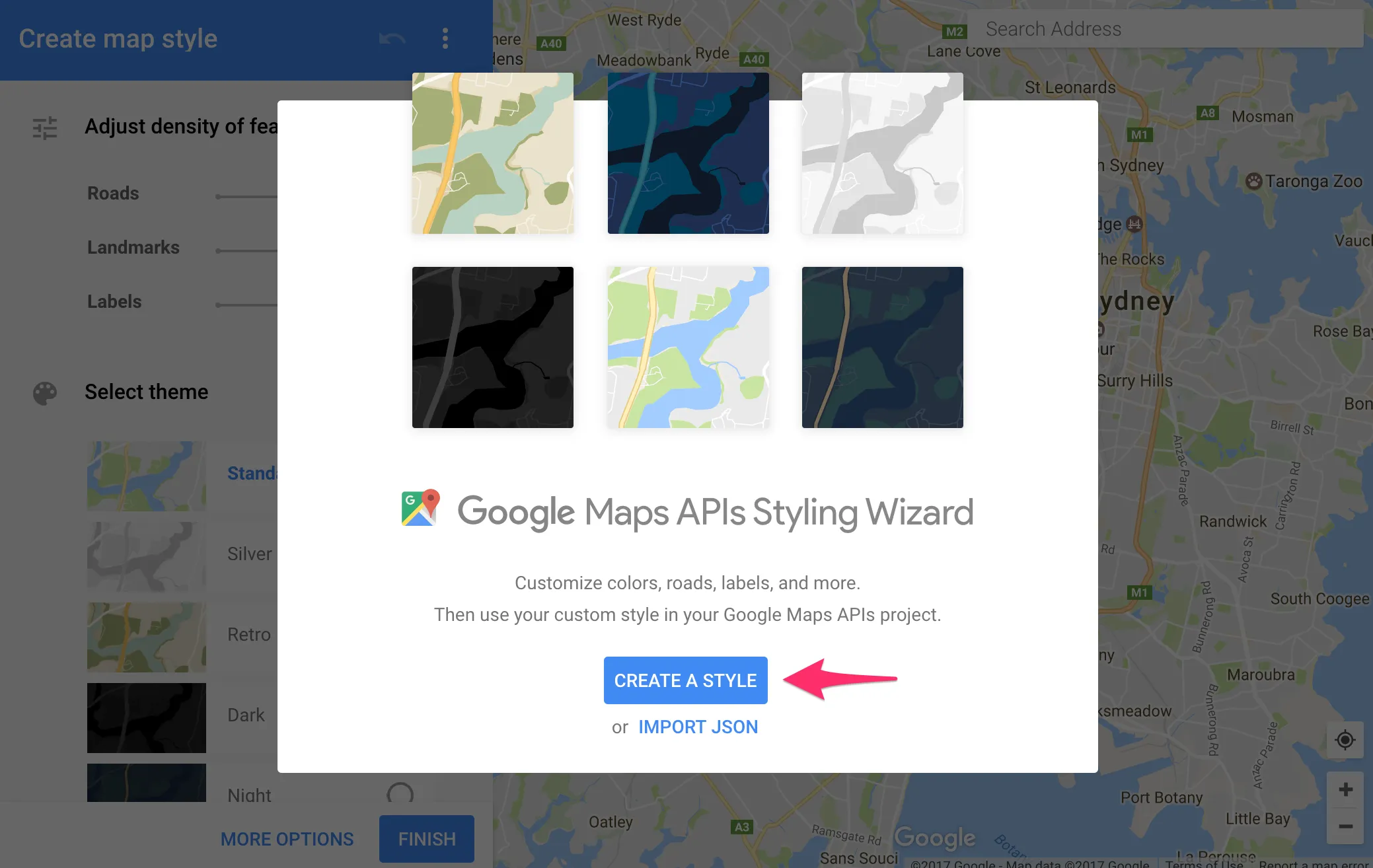 Botón Create a style en Google Maps APIs Styling Wizard