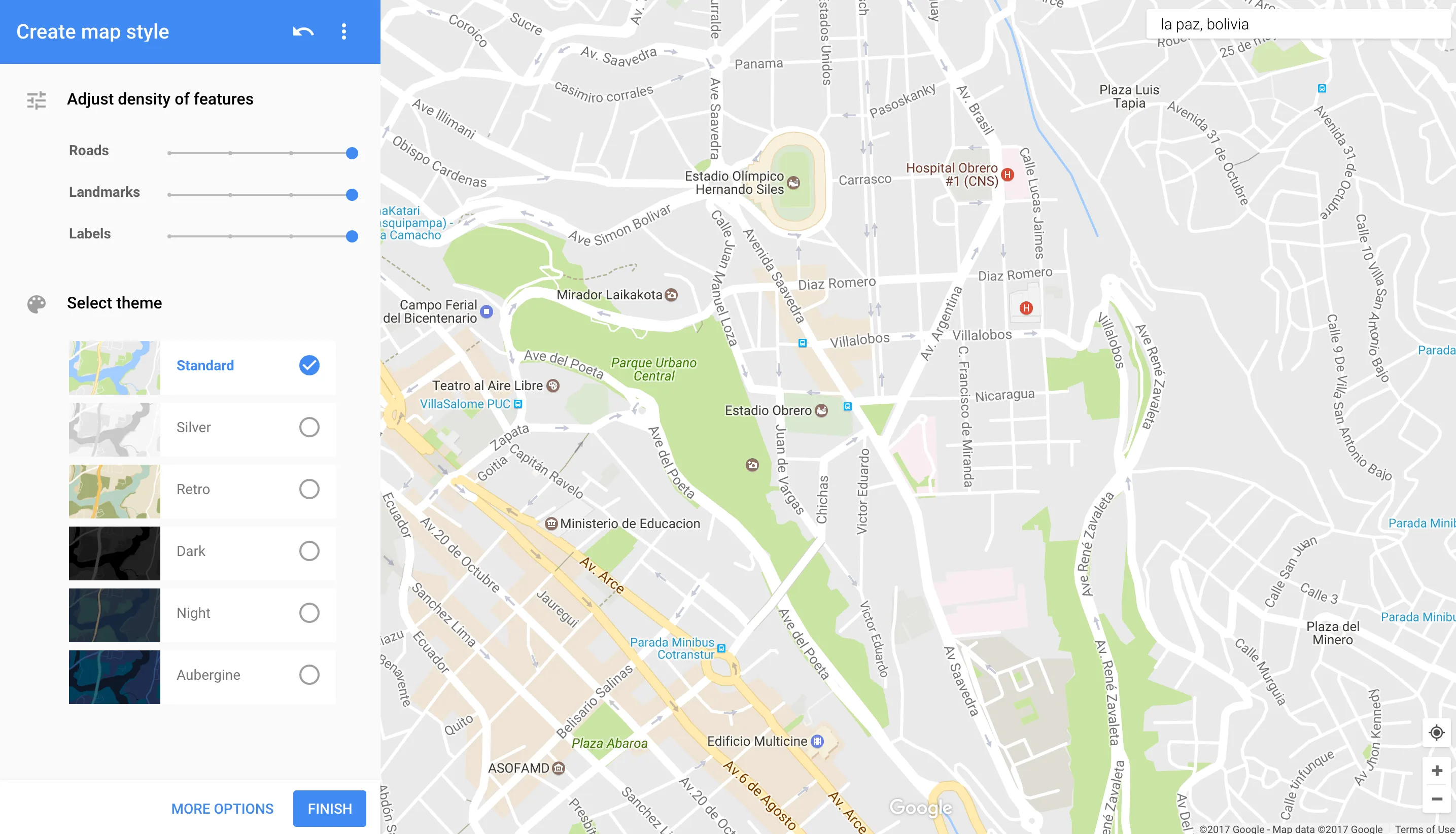 Panel de estilos junto al mapa estándar de La Paz
